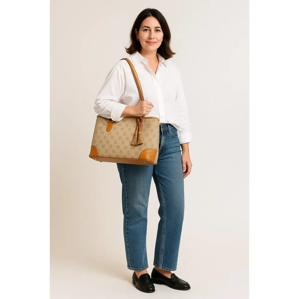 Y2K Dooney Monogram Canvas Tote | Preppy Neutral Shoulder Bag with Leather Trim - Picture 7 of 16